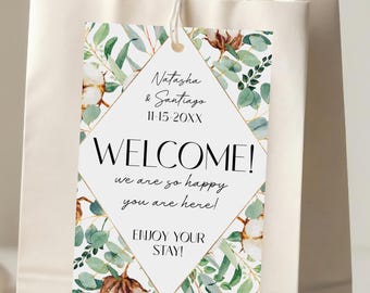 Welcome hotel bag tags, watercolor greenery cotton & eucalyptus, personalized gift tags for guests, destination wedding tags C33-01