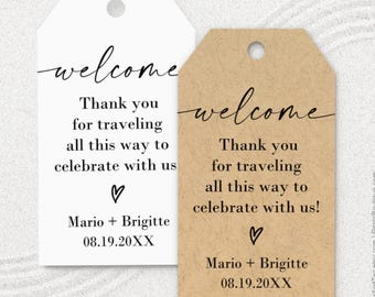 Personalized welcome tags, modern script font, beach wedding favors, hotel favor bags C94-05