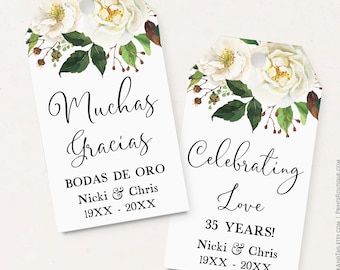 Personalized wedding anniversary favor tags, English & Spanish, white flowers, bodas de oro C48-02