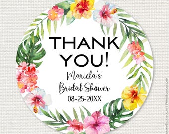 Tropical bridal shower stickers, watercolor hibiscus monstera, personalized favor labels C19-02