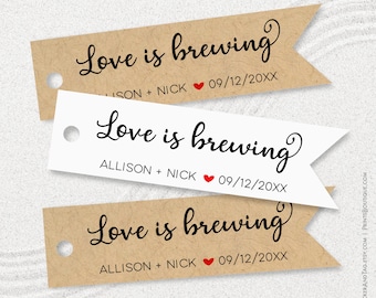 Love is brewing, personalized wedding favor tags, flag shape, coffee bag labels T-36