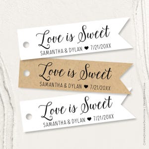 love is sweet flag tags personalized with your names and wedding date, pennant tags, jam tags, mini honey jar tags, candy favors T-99