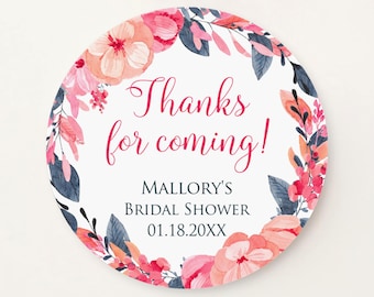 Thanks for coming, bridal shower label, peach and pink flowers, personalized wedding stickers S-09