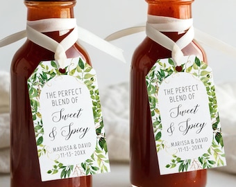 The perfect blend of sweet and spicy, hot sauce wedding favor tags, personalized anniversary and engagement gift tags greenery border C47-03