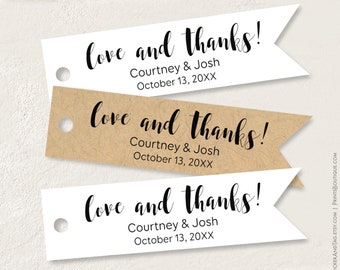Love and thanks tags, personalized wedding favor tags, pennant flag shape T-137