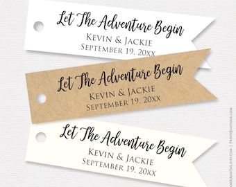 Let the adventure begin, flag pennant tag, personalized wedding tags, adventure theme C92-01