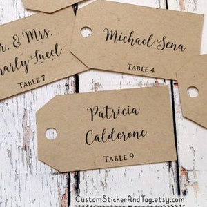 place tags personalized with guest name and table number, wedding favor tag, seat assignment, escort card, seating tags for favors (T-27)