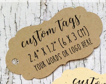 personazlized tags with your text or logo, bracket shape, custom tags for wedding favors, baby shower, small business, packaging (T-107)