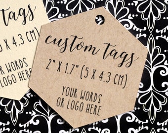 custom hexagon tags with your words or logo 2" x 1.7" personalized wedding favors, hang tags for gifts, mini bottles, products (T-83)