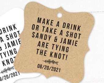 Mini liquor bottle tags, make a drink or take shot, we are tying the knot! wedding favor tags, simple minimalist tags with branch (T-132)