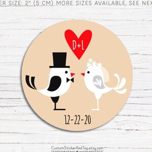 105 Personalised Round Wedding Stickers/Labels Envelopes Seals Heart Rings Birds 