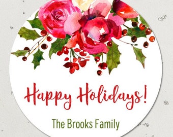 Pegatinas navideñas, flores rojas y acebo, etiquetas de regalo personalizadas, etiquetas colgantes navideñas florales HH-12