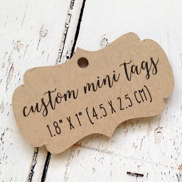 60 custom MINI tags, 1.8 x 1 inch, with your text or logo, custom wedding tag, personalized tag, logo tag, product tag, gift tag (T-19)