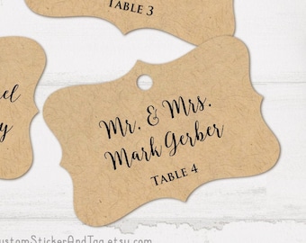 Mini place tags with guest name and table number, wedding seat assignment tag, escort card, seating cards for favors (T-193)