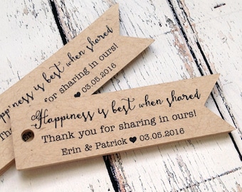 happiness is best when shared, thanks for sharing in ours! wedding favor tags, flag shape tags, custom personalized tags (T-110)