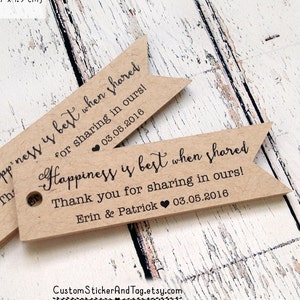 happiness is best when shared, thanks for sharing in ours wedding favor tags, flag shape tags, custom personalized tags T-110 image 1