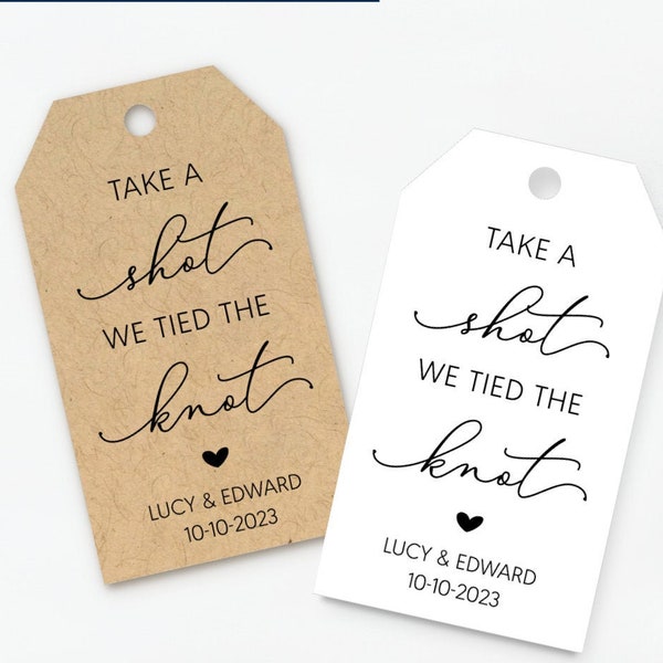 take a shot we tied the knot, personalized tags for mini liquor bottles, glasses, wines, custom wedding favor tags (T-212)