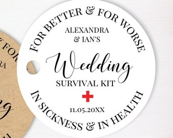 Hangover kit tags, for better & for worse, in sickness and in health, wedding survival kit, round tags for favors T-255