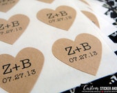 custom stickers with initials and wedding date heart .75" brown kraft paper, envelope seals, wedding favor, custom wedding stickers (S-34)