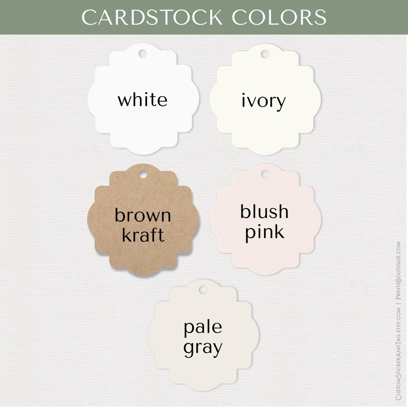 May include: Five scalloped-edge cardstock tags arranged in a grid, labeled with the text CARDSTOCK COLORS. The tags are white, ivory, brown kraft, blush pink, and pale gray. Each tag features a small circular hole at the top for hanging.