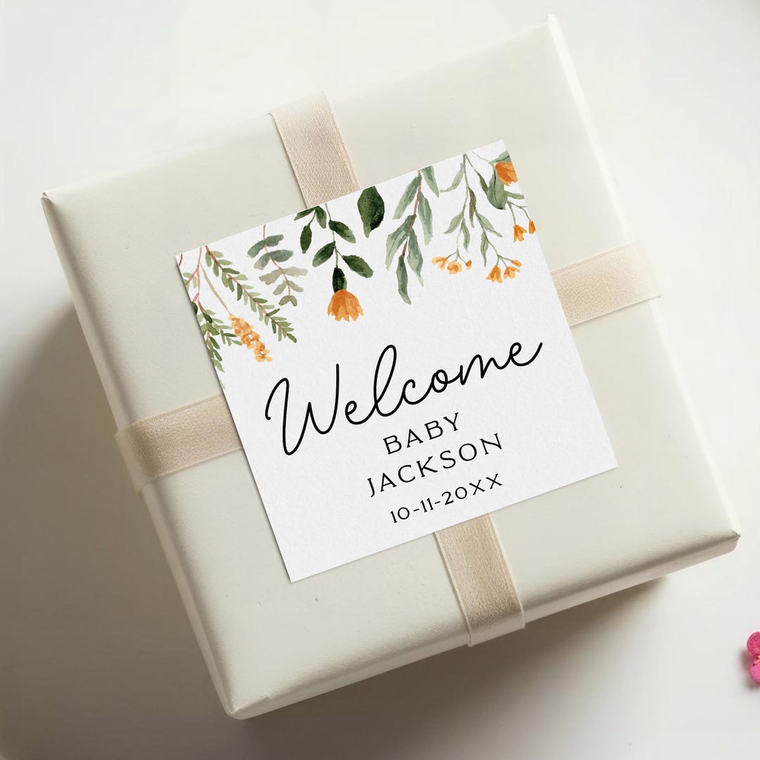 Baby Shower Labels, Welcome Baby, Orange Flowers & Greenery ...