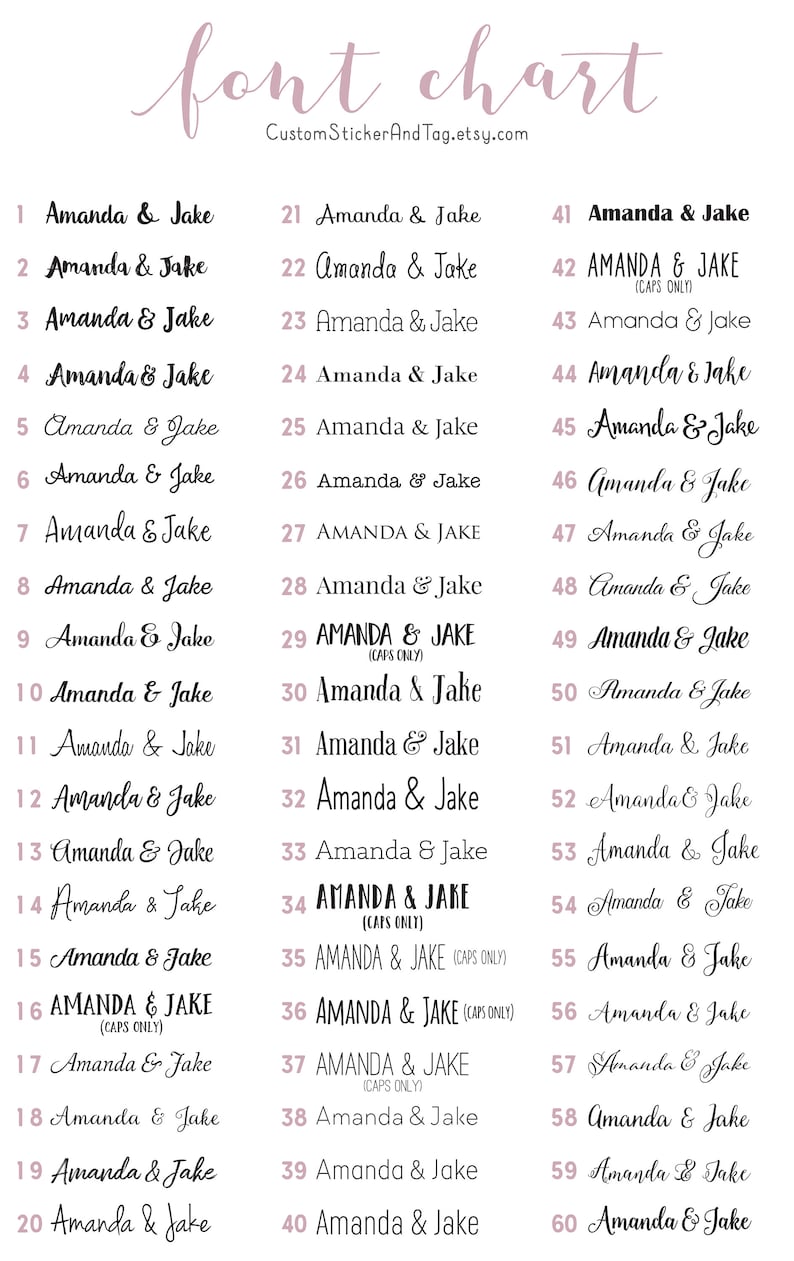 May include: A chart showing 60 different ways to write the names "Amanda & Jake" in various fonts and styles. Some of the fonts are all caps, some are lowercase, and some are a mix of both. The chart is numbered from 1 to 60.