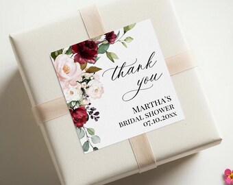 Personalized thank you stickers, bridal and baby shower favors, burgundy pink watercolor flowers C1-07