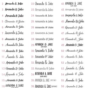 May include: A font chart displaying sixty numbered typography options, each featuring the text Amanda & Jake in various styles. The header reads font chart and CustomStickerAndTag.etsy.com. The list includes diverse serif, sans-serif, and script fonts.
