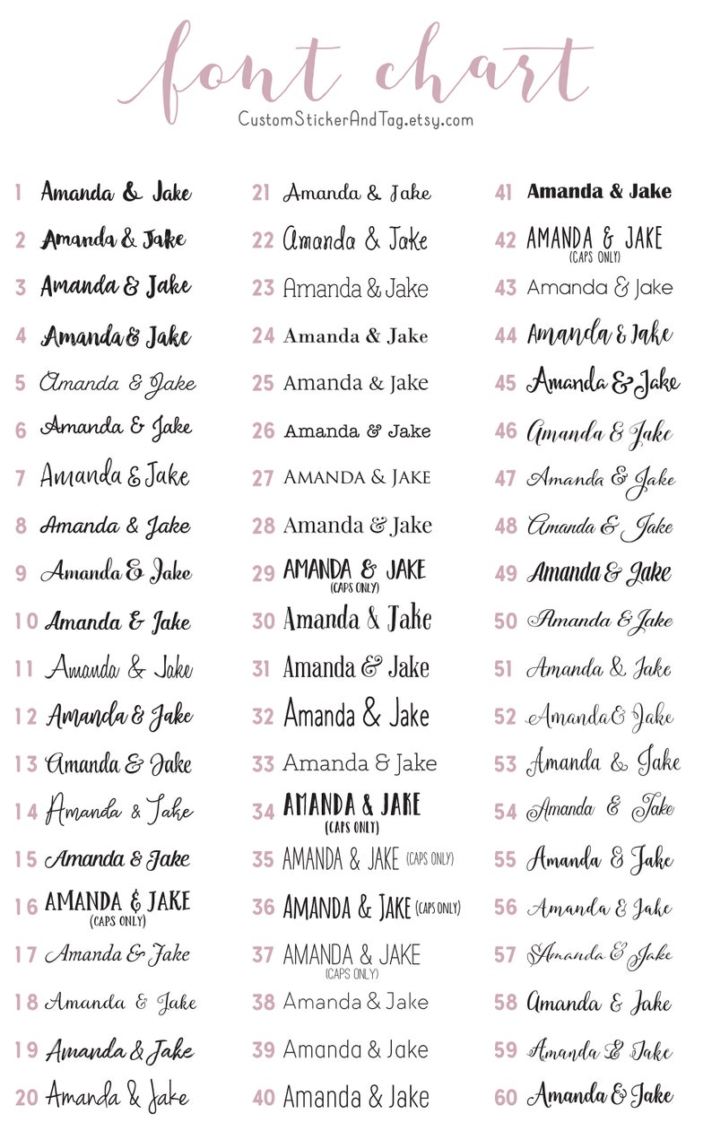 May include: A font chart displaying sixty numbered typography options, each featuring the text Amanda & Jake in various styles. The header reads font chart and CustomStickerAndTag.etsy.com. The list includes diverse serif, sans-serif, and script fonts.