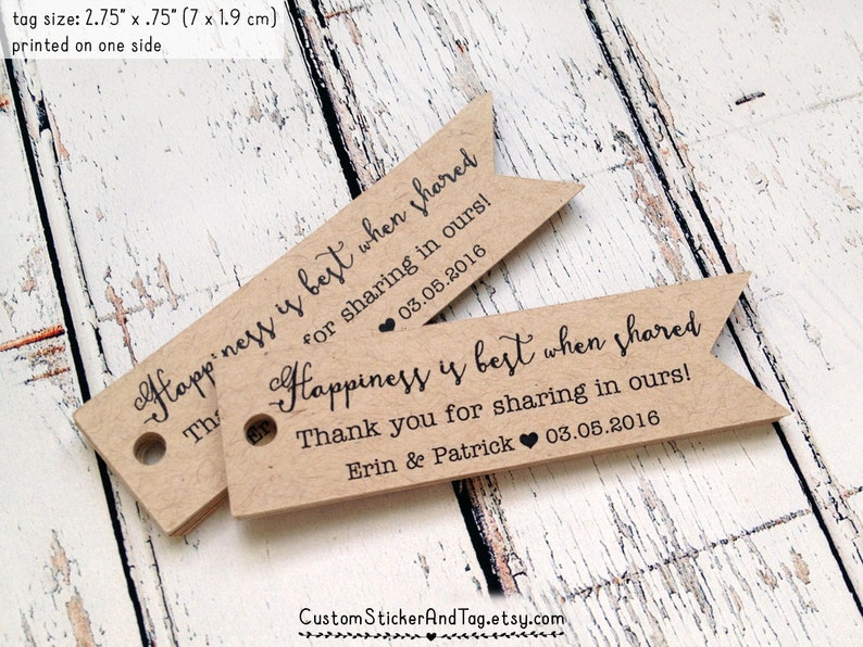 happiness is best when shared, thanks for sharing in ours wedding favor tags, flag shape tags, custom personalized tags T-110 image 1