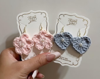crochet heart earrings, crochet flower earrings