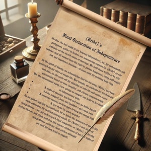May include: A parchment scroll with the text "Final Declaration of Independence" and a decorative feather quill. The document is on a wooden surface with a lit candle and inkwell, evoking a vintage aesthetic.