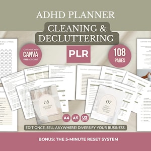 May include: ADHD planner for cleaning and decluttering, with 108 pages. Includes customizable templates, and the 5-minute reset system. Features the text "Customize with Canva" and "Edit once, sell anywhere!"