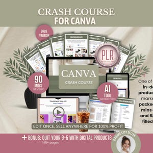 May include: Digital product image with the text "CRASH COURSE FOR CANVA". The image includes a computer screen, documents, and a glass of iced coffee. The text indicates 90 minutes of video and 145+ pages.
