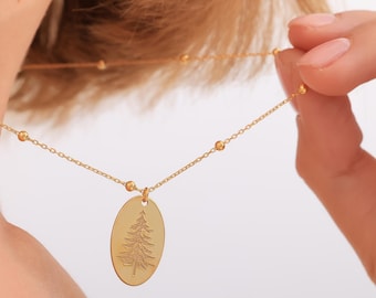 Oval Pine Tree Necklace,Gold Plated Evergreen Tree Necklace,Forest necklace,Nature Gift for her