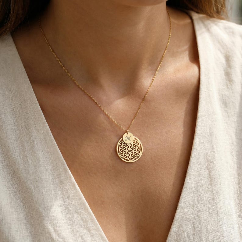 Flower Geometry Problems Flower of Life Initial Necklace, Personalized Letter Disc Necklace ...