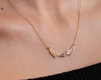 Colar com asa de anjo com pedra de nascimento, colar memorial com pedra de nascimento, anjo da guarda, presente de condolências pela perda de um bebê, lembrança de aborto espontâneo, presente para mães