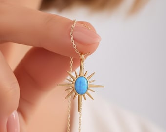 Opal North Star Necklace – Dainty Celestial Starburst Pendant, Fire Opal Stone Necklace in Rose Gold or Silver, Minimalist Gift for Her