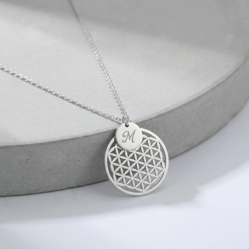 Flower Geometry Problems Flower of Life Initial Necklace, Personalized Letter Disc Necklace ...