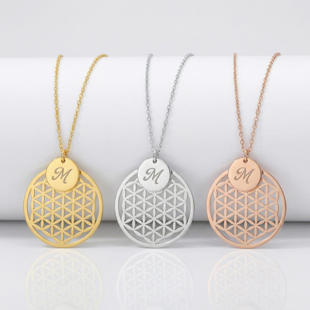 Flower Geometry Problems Flower of Life Initial Necklace, Personalized Letter Disc Necklace ...