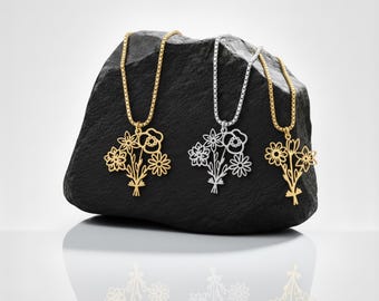 Birth Flower Bouquet Necklace,Personalized Family Birth Month Flowers with Stems,Dainty Gold or Silver Floral Pendant Jewelry