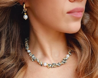 Dalmatian Jasper & Pearl Jewelry Set: Gold Necklace and Earrings
