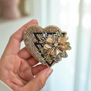 Handmade Beaded Heart Brooch: Crystal Embroidered Floral Design