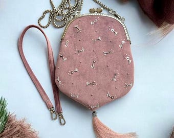 Powder Pink Beaded Floral Clutch: Handmade Embroidered Kiss Lock Bag
