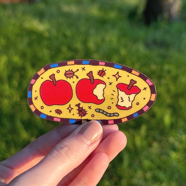 Apple Phases Die Cut Sticker | Matte Finish, Bugs & Worm Illustration Decal