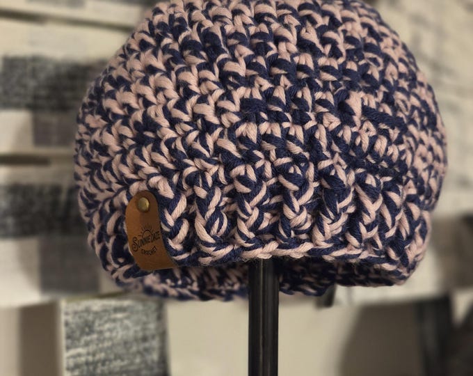 Pink and Navy Youth Chunky Wool Crochet Beanie with pom