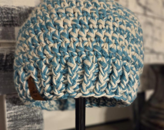 Teal and Cream Teen/Adult Chunky Wool Crochet Beanie with pom