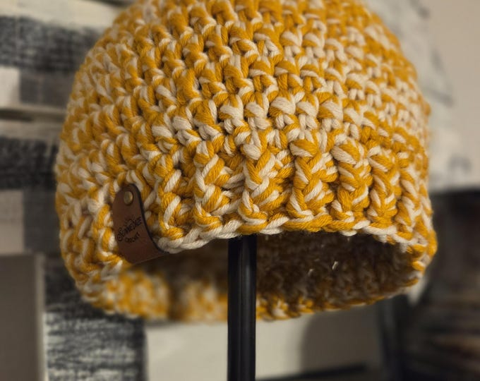 Yellow and Cream Adult Chunky Wool Crochet Beanie