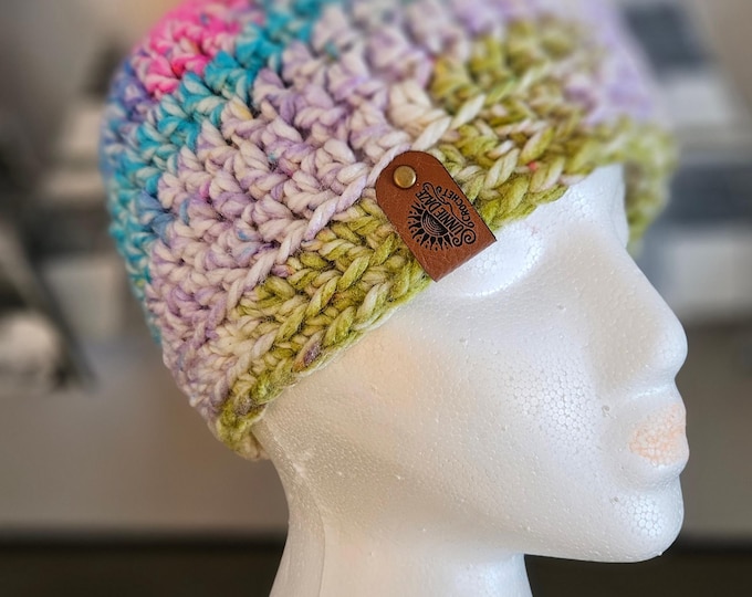 Bright Pastel Crochet Beanie with White Pom