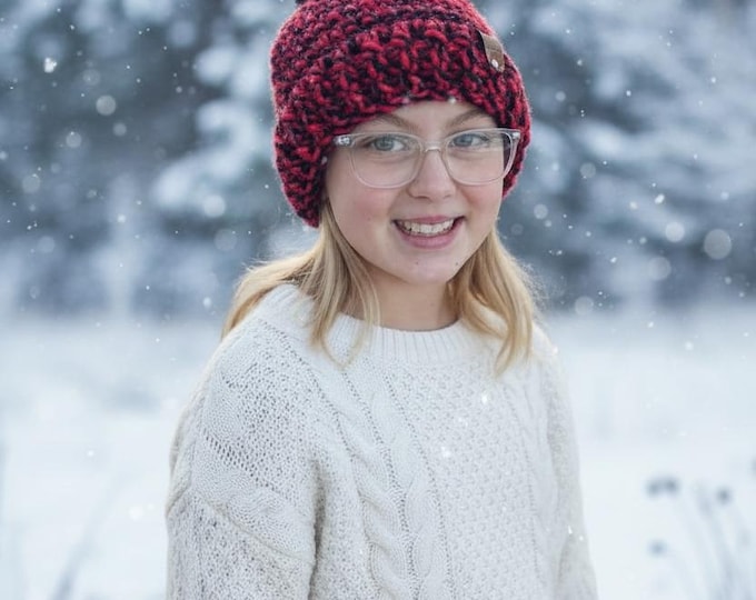 Red and Black Youth Chunky Wool Crochet Beanie with pom